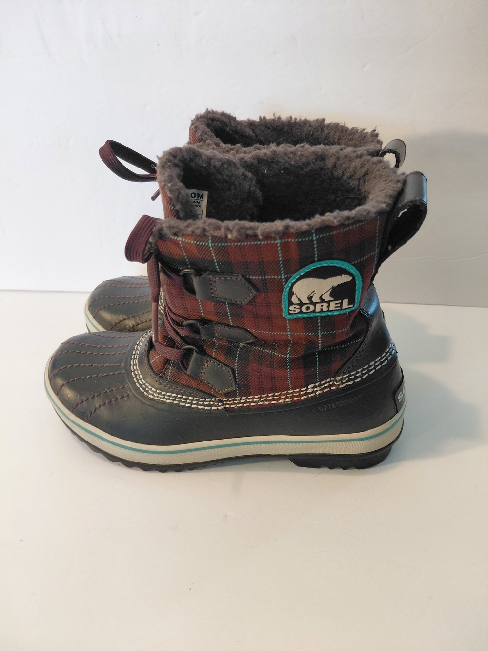 Sorel Women's Plaid Winter Boots in Brown and Teal Accent